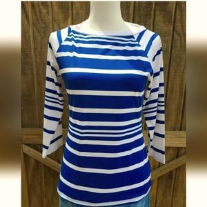 Lauren Ralph Blue & White Striped Pullover Blouse 3/4 Sleeve Size Large